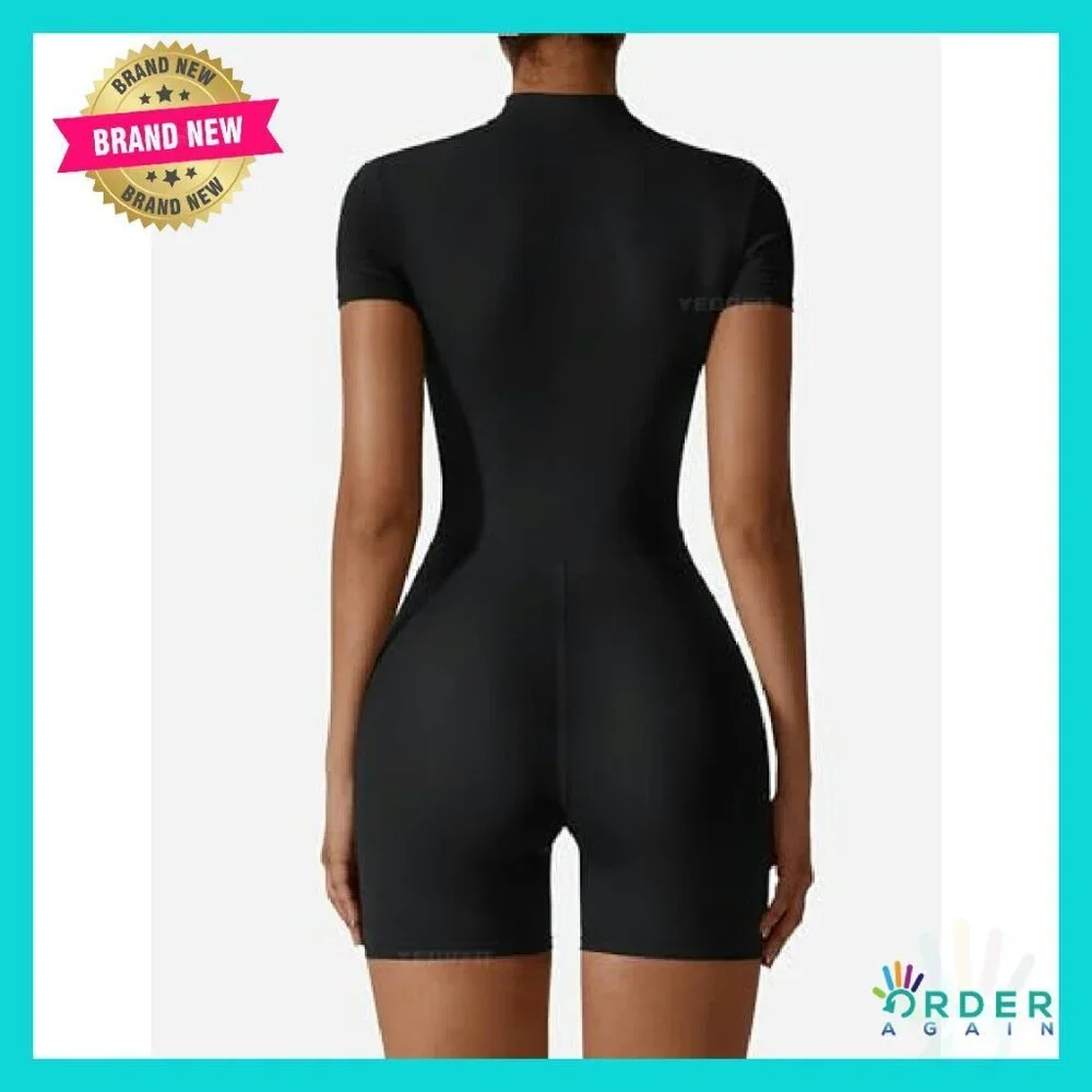 Short Sleeve Workout Jumpsuit Zip Up Romper Bodycon One Piece Sexy - Picture 6 of 8